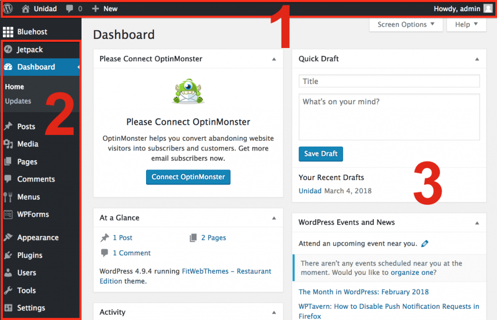 wordpress dashboard and Admin Area