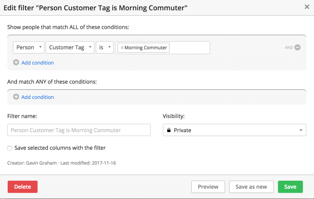 Add a new filter to view your customer profiles by type