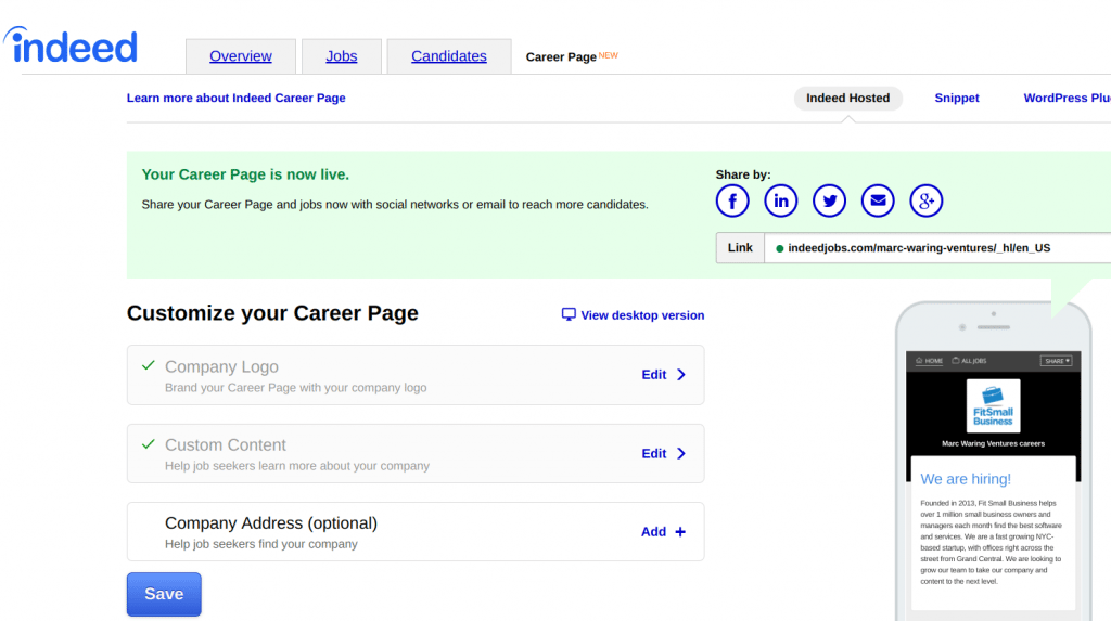 internal recruiting - Career Page options on Indeed