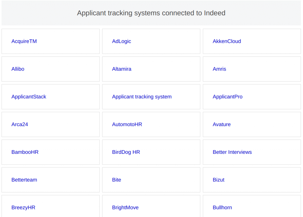 internal recruiting - Screenshot from Indeed showing many of the ATS and HR systems it integrates with - names starting with the letters A and B.
