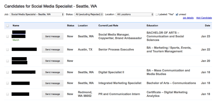 Indeed Job Posting list of job candidates screenshot