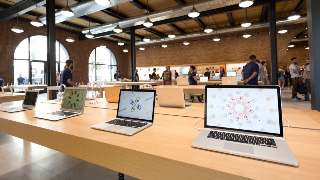 Macs displayed in an Apple store