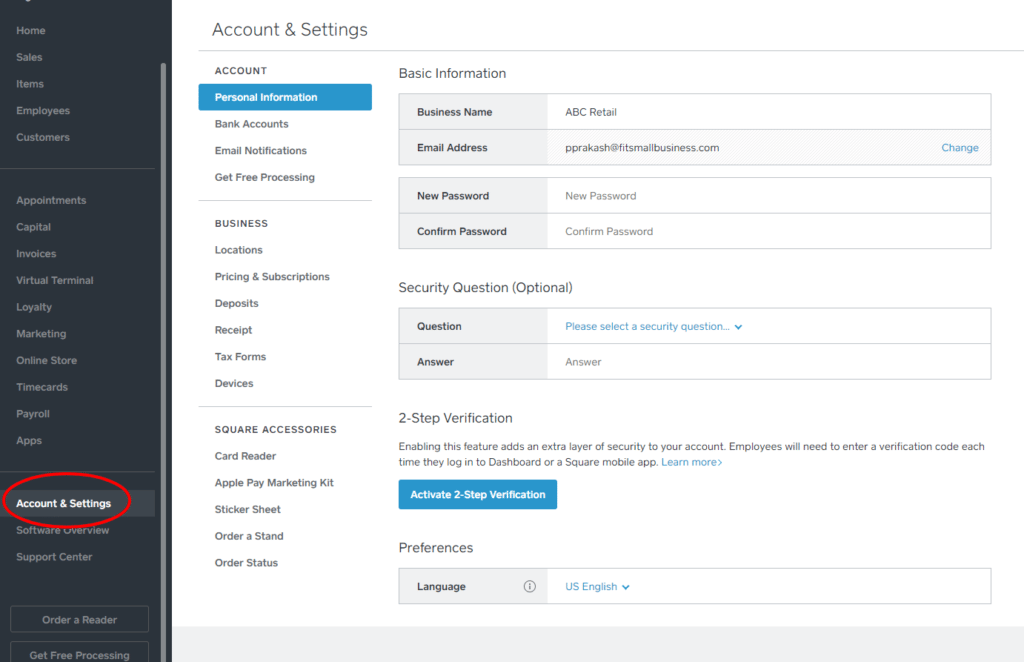Square POS: Configure account & settings